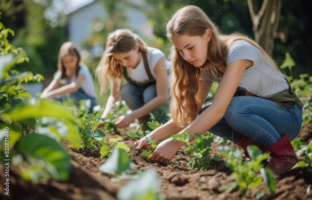 Fototapeta premium Cute little girl kindergarten child growing fresh salad in spring A little boy is happy with gardening. Children help with vegetable gardening in the house.
