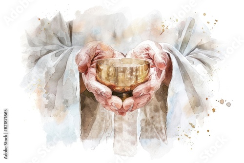 Hands holding the sacred chalice on minimal white watercolor background.
