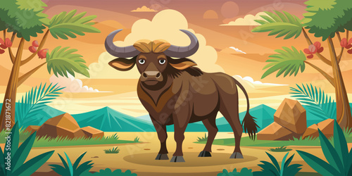 Wild cattle with large buffalo horns-