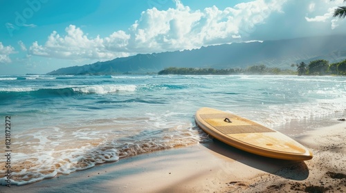 A surfboard rests on the sandy beach, overlooking the azure waters of the ocean under a clouddotted sky in this picturesque natural landscape AIG50 photo