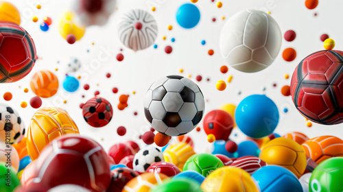 Many balls for different sports flying on white background