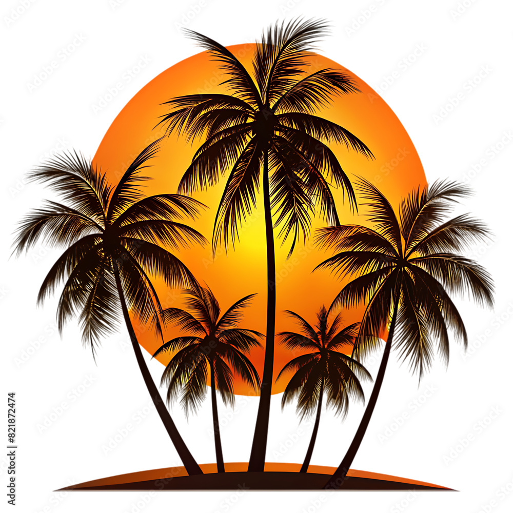 silhouette of palm trees and orange sun on transparent bg