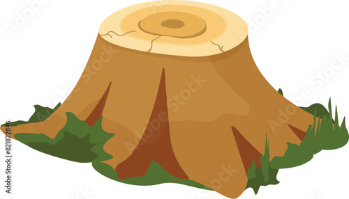 Illustration of a cute cartoon tree stump in a natural environment, highlighting the environmental issue of deforestation. Perfect for ecofriendly and environmentalthemed designs