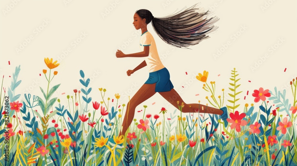 Illustration of a young female athlete running through a vibrant field of flowers, depicting training and wellness. Illustration of a young female athlete running through a vibrant field of flowers, depicting training and wellness.
