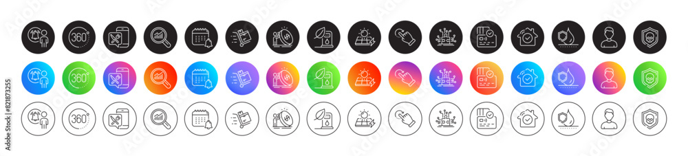 User notification, 360 degrees and Cyber attack line icons. Round icon gradient buttons. Pack of Data analysis, Rotation gesture, Inventory cart icon. Vector User notification, 360 degrees and Cyber attack line icons. Round icon gradient buttons. Pack of Data analysis, Rotation gesture, Inventory cart icon. Vector