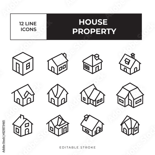 House line icon set vector simple, property black and white vector icon bundle isometric