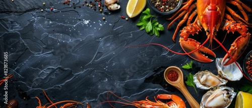 Freshwater and saltwater crustaceans and mollusks with lemon and spices on black stone background. photo
