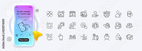 Loyalty star, Refer friend and Head line icons for web app. Phone mockup gradient screen. Pack of Women headhunting, Wallet, Global business pictogram icons. Vector