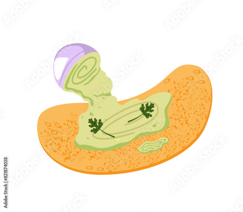 Preparing of crepe with pesto, green sauce with greenery. Tortilla, pita and jar of wasabi, guacamole. Process of cooking shawarma, fast food. Flat isolated vector illustration on white background