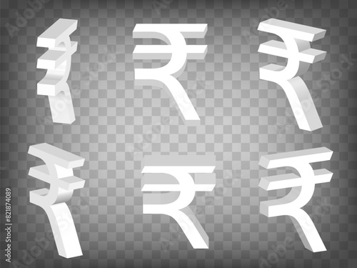 Set of perspective projections 3d Indian rupee Sign model icons on transparent background.  High detailed 3d sign of Indian rupee.  Abstract concept of graphic elements for your design. EPS 10