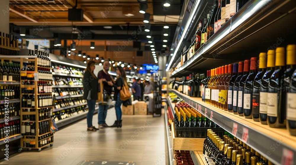 A sleek supermarket with ambient lighting showcases an extensive wine selection, enhancing the shopping experience.