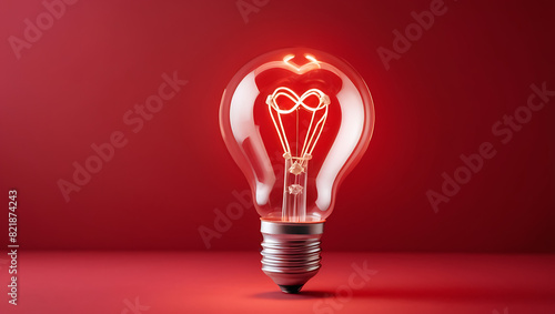 A Light bulb with a heart shape glowing filament placed on a red background with copy space, Valentine day love making concept
