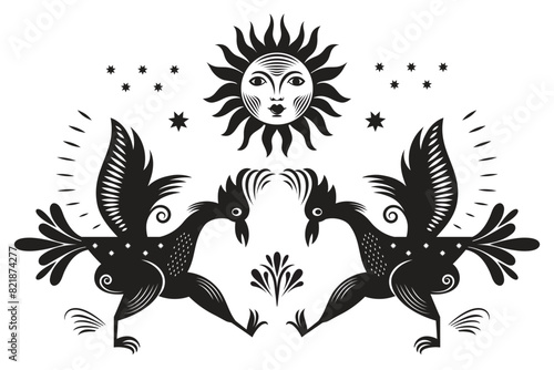 Vector black and white illustration of Fiction birds, rooster, chick, Folk Art, linocut style, animalistic ornament