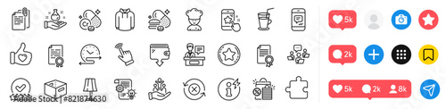 Chromium mineral, Inclusion and Chemistry lab line icons pack. Social media icons. Cogwheel, Table lamp, Loyalty star web icon. Puzzle, Wallet, Reject refresh pictogram. Vector