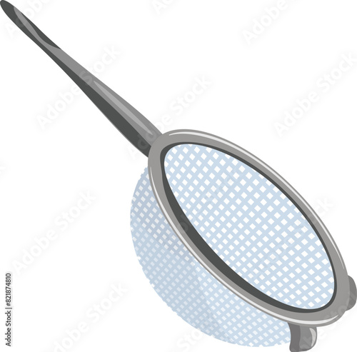 Isometric vector illustration of a modern kitchen utensil strainer with handle, made of metal wire mesh, isolated on white background. Perfect for cooking, food preparation, and filtering