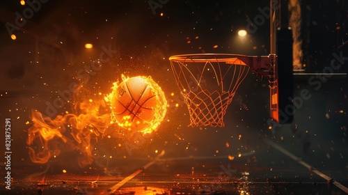 A realistic image of a basketball on fire, caught in action as it heads for the hoop, with the pitch lit by floodlights and a dark background enhancing the sense of movement