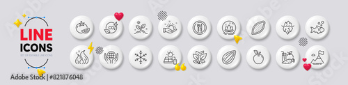 Grow plant, Apple and Fish line icons. White buttons 3d icons. Pack of Mountain flag, Fire energy, Iceberg icon. Snowflake, Juice, Sunny weather pictogram. Lotus, Tomato, Cocoa nut. Vector