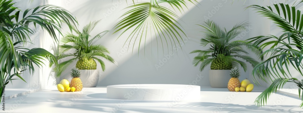 3D render of a podium with tropical plants and pineapples on a white background 3D render of a podium with tropical plants and pineapples on a white background