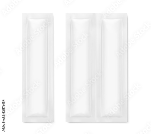 Sachet bag strip mockup. Vector illustration isolated on white background. Flat lay view. Can be use for template your design, presentation, promo, ad. EPS10.