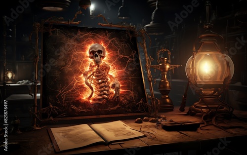 A spooky  surreal artwork featuring a glowing  fiery skeleton in a dark room  accompanied by a lantern and old book on a wooden desk.