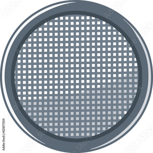 Round metal sieve illustration for kitchen utensil, cooking tool, and food preparation with fine mesh strainer and stainless steel material in vector graphic design