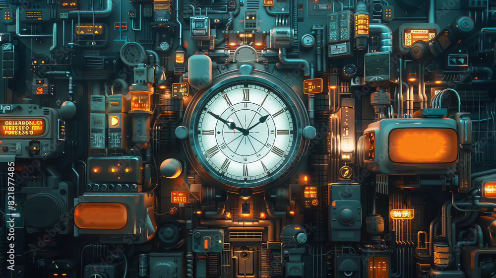 Retro Futuristic Clock with Steampunk Machinery and Glowing Lights Retro Futuristic Clock with Steampunk Machinery and Glowing Lights