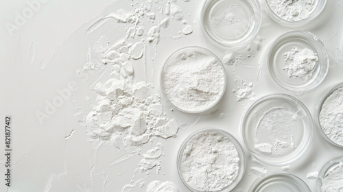 Many petri dishes with calcium carbonate powder on white