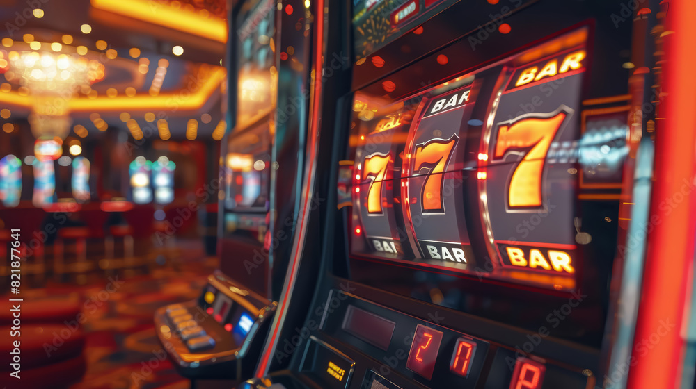 Casino Slot Machines with Bright Lights and Winning 777 Display Casino Slot Machines with Bright Lights and Winning 777 Display
