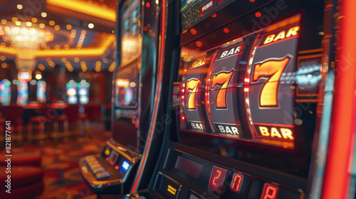 Casino Slot Machines with Bright Lights and Winning 777 Display