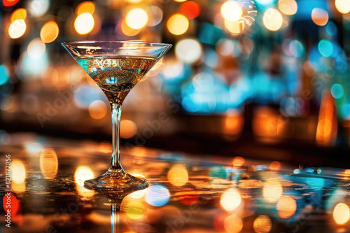 Close Up, martini or cocktail glass on table in night club, restaurant or party.