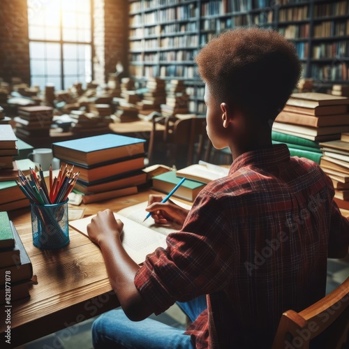 Boy Reading and Studying in a Library Filled with Books photo
