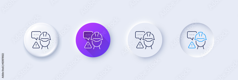 Builder warning line icon. Neumorphic, Purple gradient, 3d pin buttons. Construction inspection sign. Constructor risk symbol. Line icons. Neumorphic buttons with outline signs. Vector Builder warning line icon. Neumorphic, Purple gradient, 3d pin buttons. Construction inspection sign. Constructor risk symbol. Line icons. Neumorphic buttons with outline signs. Vector