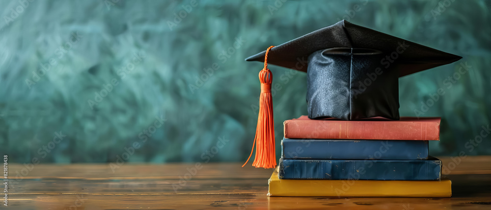 Black graduation cap on a stack of books against a chalkboard ...