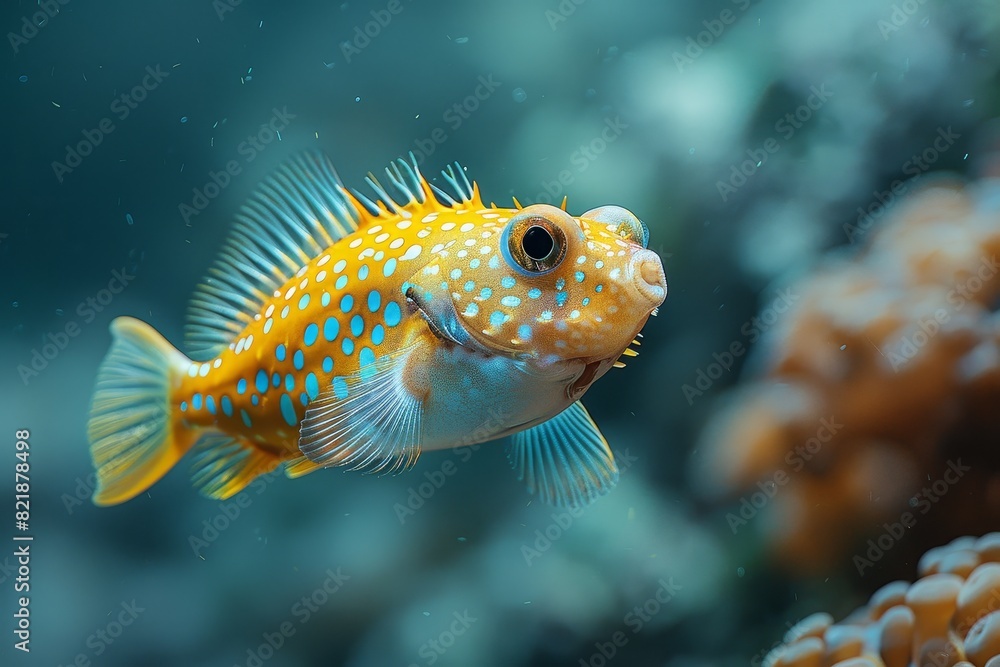 Fototapeta premium Pufferfish inflating its body as a defense mechanism, representing marine oddities.
