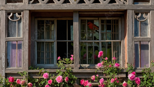Bouquet of flowers pink roses on the window. Rustic still life. Cosiness in the house. 
