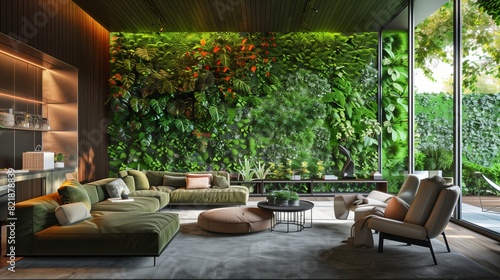 A contemporary living room with a green living wall