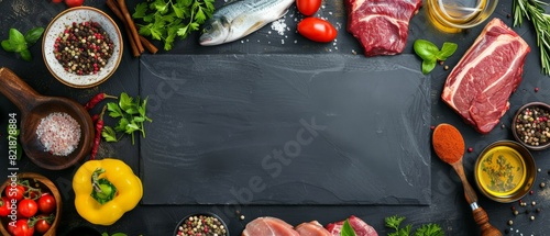 Fresh seafood on black stone background. Top view with copy space.