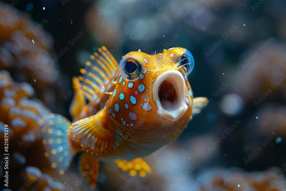 Pufferfish inflating its body as a defense mechanism, representing marine oddities. Pufferfish inflating its body as a defense mechanism, representing marine oddities.