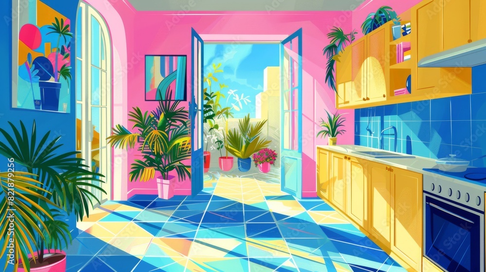 Fototapeta premium Vibrant illustration of a sunny kitchen leading to a balcony with plants and blue skies.