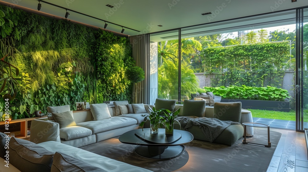 Fototapeta premium A contemporary living room with a green living wall