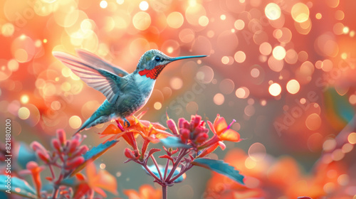 hummingbird with colorful background. Small Flying colorful bird. panorama photo