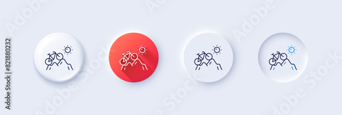 Mountain bike line icon. Neumorphic, Red gradient, 3d pin buttons. Outdoor bicycle transport sign. Sport activity symbol. Line icons. Neumorphic buttons with outline signs. Vector