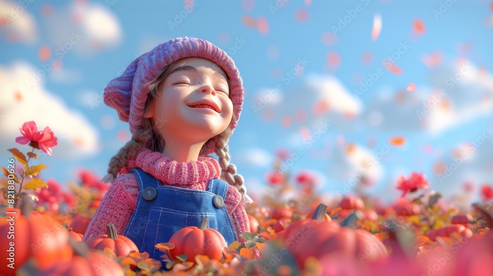 A joyful child in a pumpkin patch, surrounded by autumn foliage under a clear sky, embodying the festive spirit of Halloween. A joyful child in a pumpkin patch, surrounded by autumn foliage under a clear sky, embodying the festive spirit of Halloween.