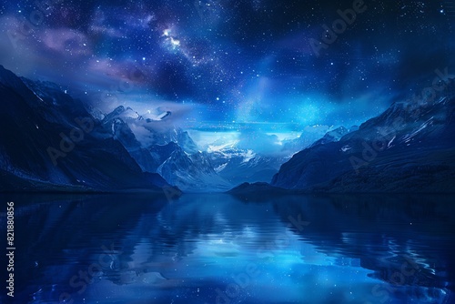 a lake with mountains and stars in the sky photo