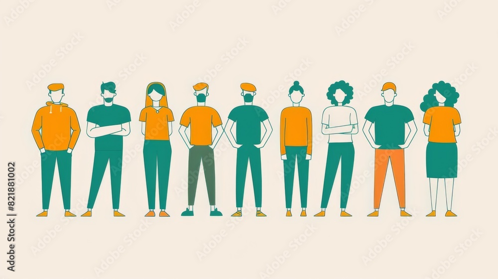 Illustration of a diverse team of colleagues standing together in a line, depicted in a flat design style with a minimalistic background. Illustration of a diverse team of colleagues standing together in a line, depicted in a flat design style with a minimalistic background.