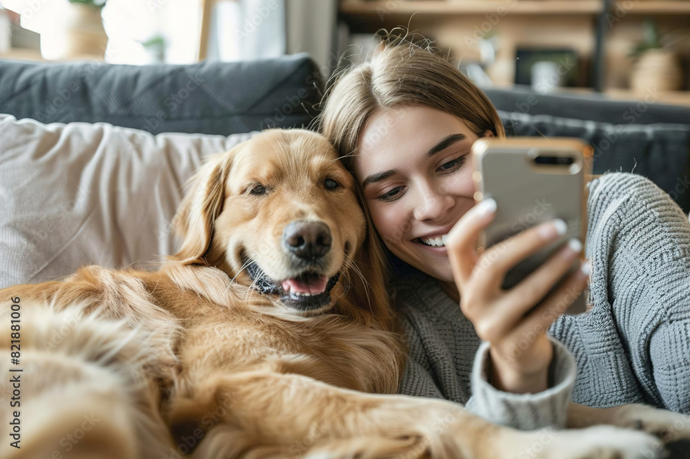 Woman, dog and selfie on living room sofa in home for care hug, touch and embrace. Woman, dog and selfie on living room sofa in home for care hug, touch and embrace.