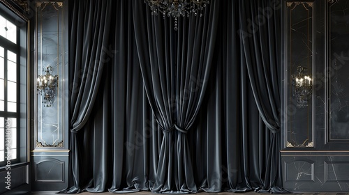 Royal black velvet curtains cascading elegantly in a luxurious room.