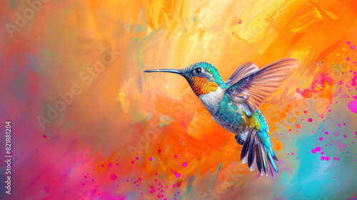hummingbird with colorful background. Small Flying colorful bird. panorama photo