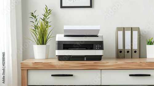 Modern printer with paper on chest of drawers indoors