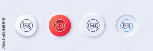 Fake news line icon. Neumorphic, Red gradient, 3d pin buttons. Stop propaganda conspiracy sign. Wrong truth symbol. Line icons. Neumorphic buttons with outline signs. Vector photo
